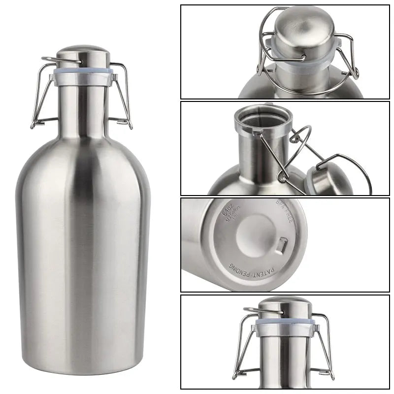 32OZ/64OZ Stainless Steel Beer Growler, Homebrew Portable Beer Barrel Secure Swing Top Lid Craft Beer Bottle Tight Airtight Seal
