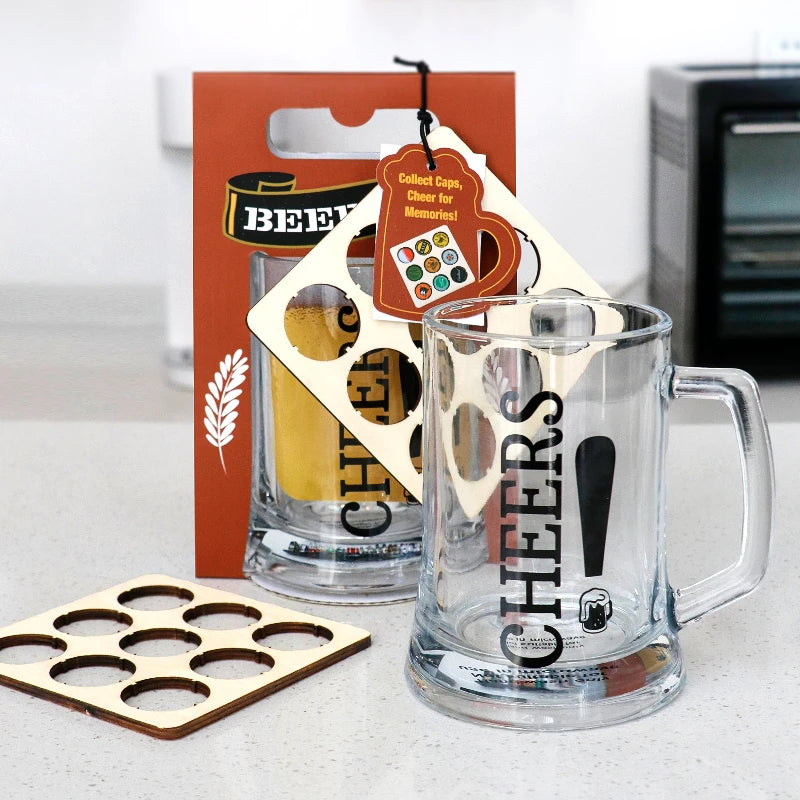 BespritGift New Novelty Products 500ml Beer Glass Mug Set With Cap Collector Wooden Coaster Birthday Father's Day Gifts for Men
