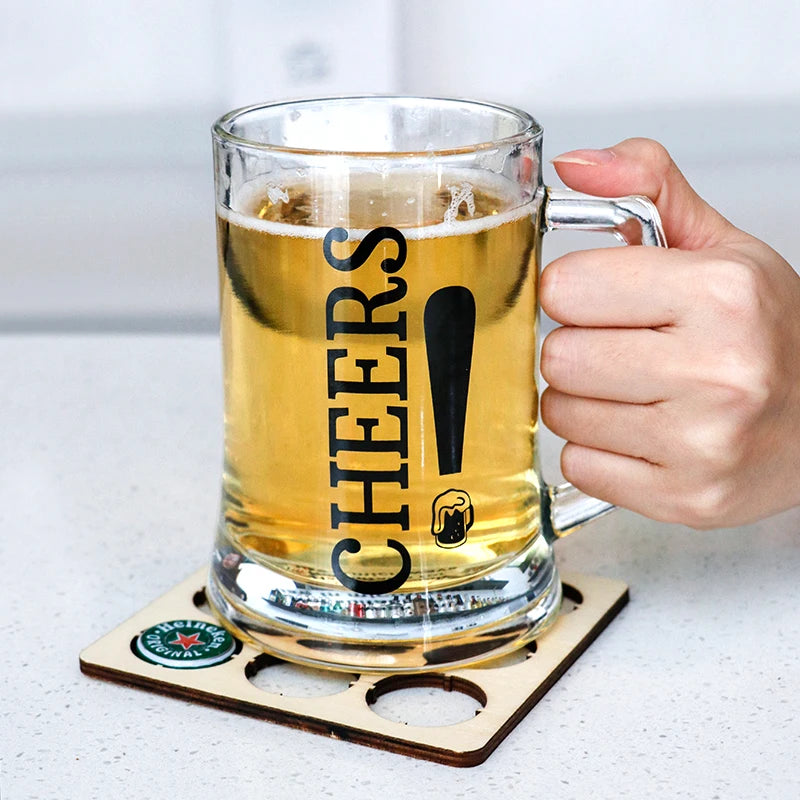 BespritGift New Novelty Products 500ml Beer Glass Mug Set With Cap Collector Wooden Coaster Birthday Father's Day Gifts for Men